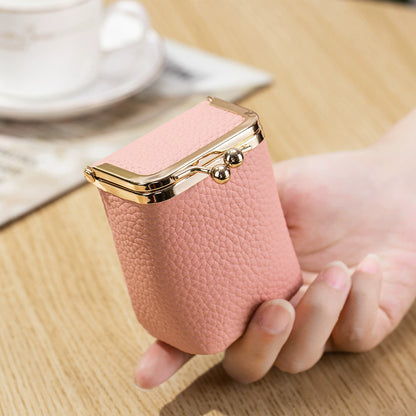 Premium Leather Lipstick Case - Lychee Pattern Cosmetic Storage Bag with Gold Frame Closure