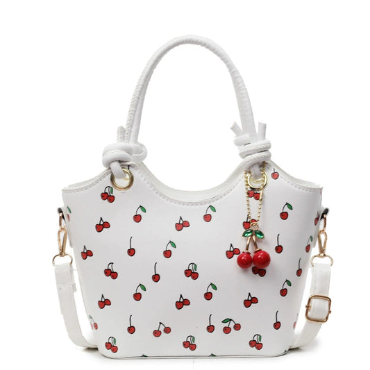 Cherry Pattern Bucket Bag - Women's Handbag with Detachable Cherry Charm & Convertible Shoulder Strap