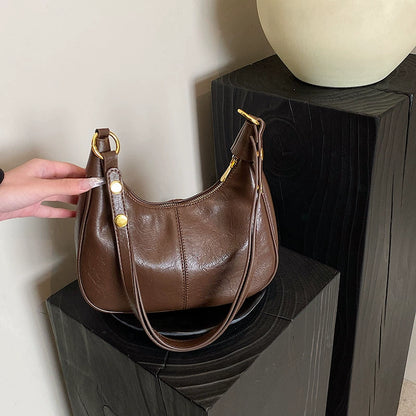 Leather Hobo Shoulder Bag - Women's Versatile Underarm Dumpling Bag with Gold Hardware & Zipper Closure