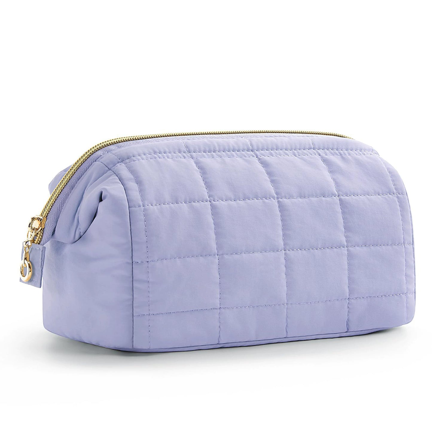 Quilted Makeup Bag - Puffy Padded Travel Cosmetic Organizer with Gold Zipper & Wide-Open Design