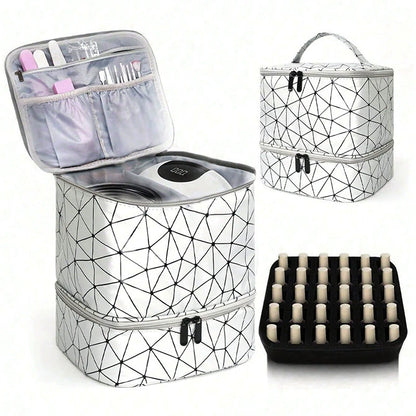 Double Layer Nail Polish Organizer Case - 30 Bottle Storage Box with Geometric Pattern & Nail Lamp Compartment