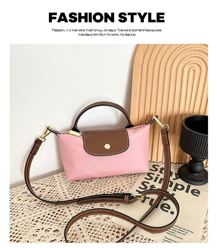 Nylon Crossbody Bag with Brown Leather Trim - Compact Foldable Handbag with Adjustable Strap