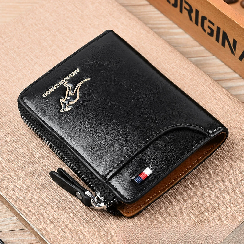 Men's RFID Blocking Wallet - Anti-Theft Leather Bifold with Zipper Closure & Multiple Card Slots