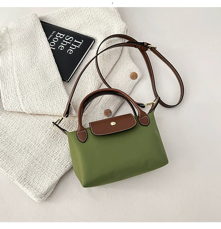 Nylon Crossbody Bag with Brown Leather Trim - Compact Foldable Handbag with Adjustable Strap