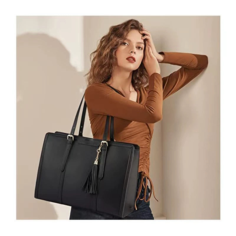 Cream & Tan Leather Trim Laptop Tote — Women's Shoulder Bag with Clutch