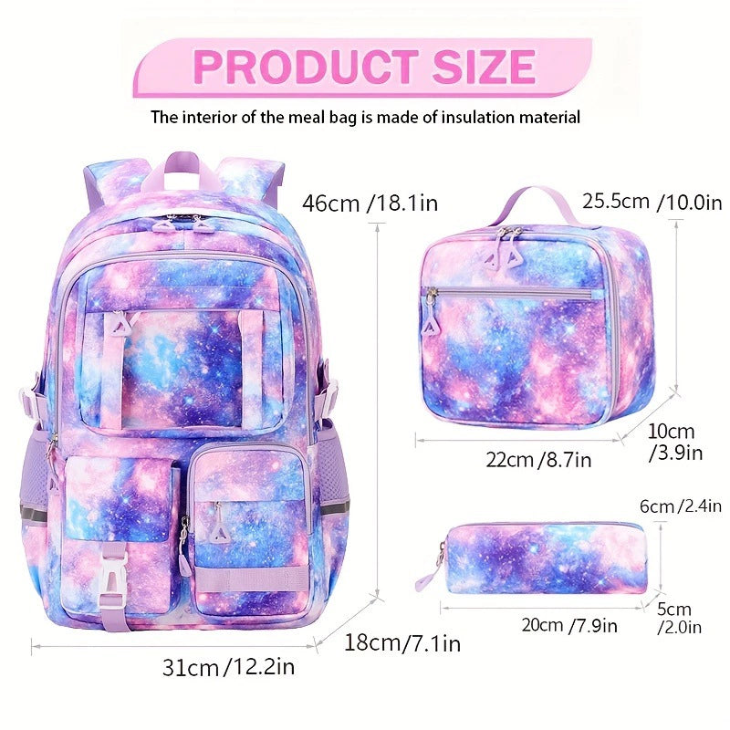 School Backpack Set - Waterproof Strawberry Print 3-Piece Set with Lunch Bag & Pencil Case for Students