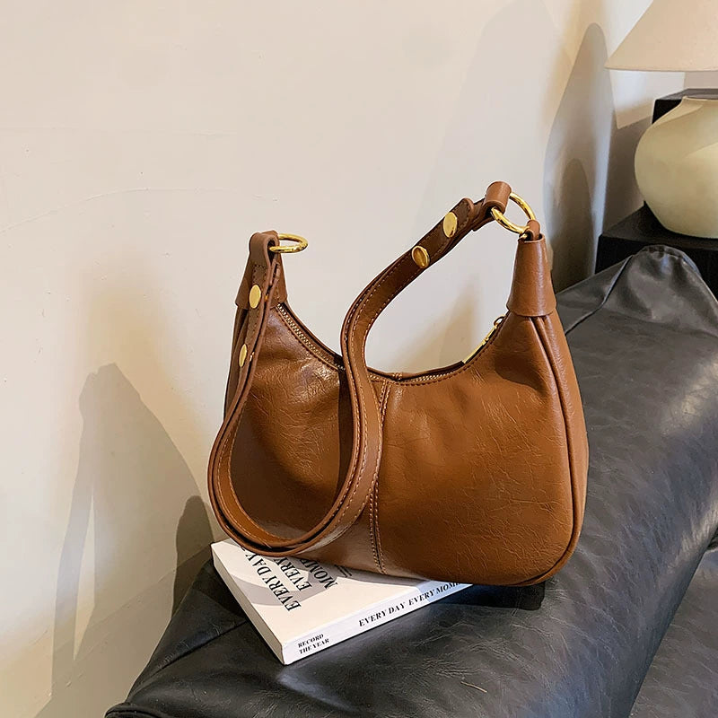 Leather Hobo Shoulder Bag - Women's Versatile Underarm Dumpling Bag with Gold Hardware & Zipper Closure