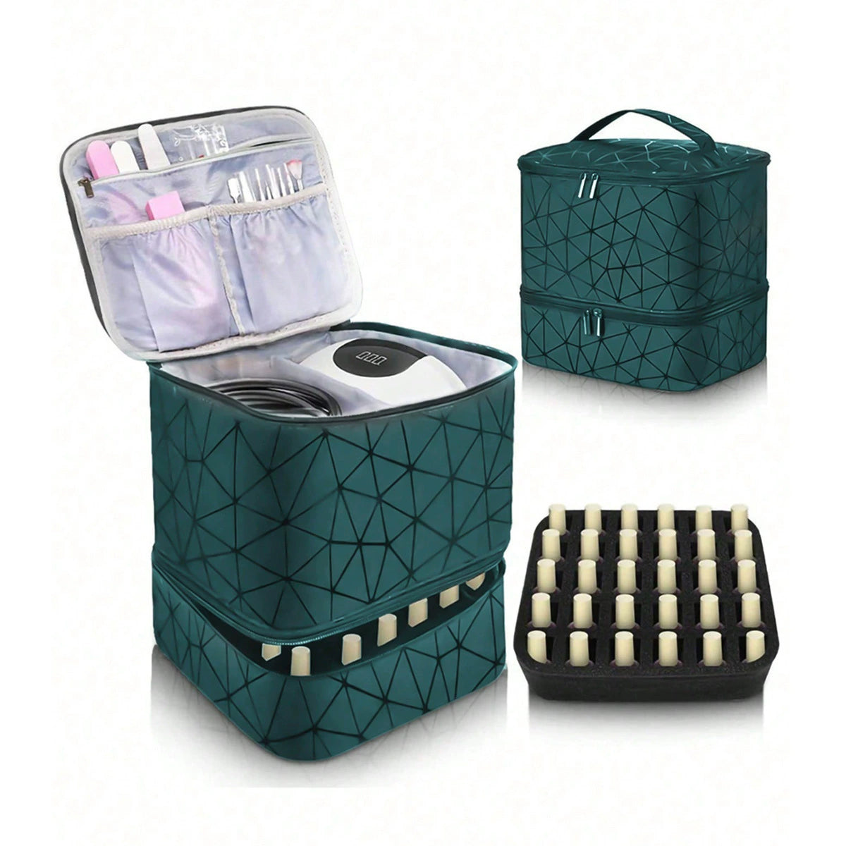 Double Layer Nail Polish Organizer Case - 30 Bottle Storage Box with Geometric Pattern & Nail Lamp Compartment