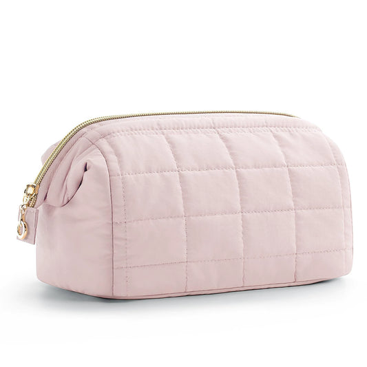 Quilted Makeup Bag - Puffy Padded Travel Cosmetic Organizer with Gold Zipper & Wide-Open Design