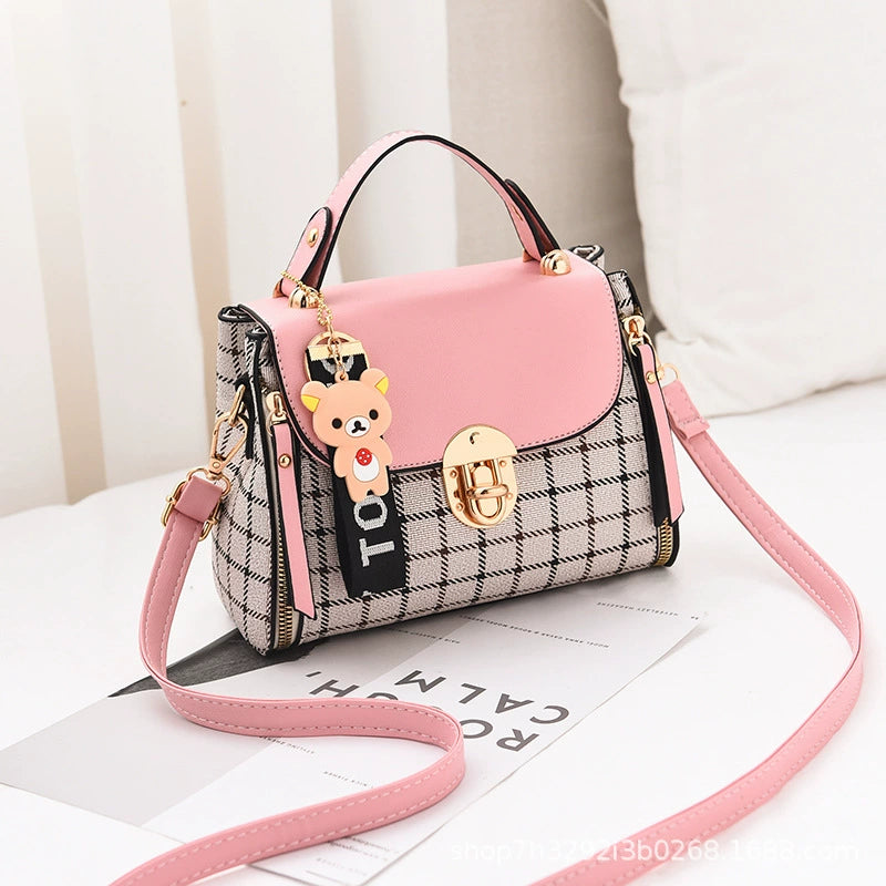 Plaid Small Crossbody Bag - Cute Bear Charm Fashion Handbag with Adjustable Strap for Daily Use