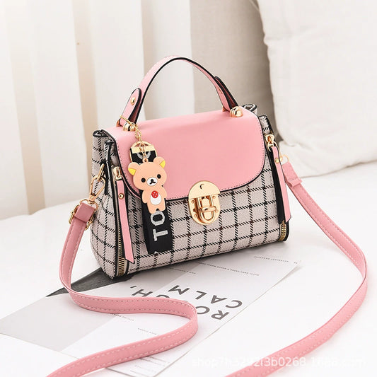 Plaid Small Crossbody Bag - Cute Bear Charm Fashion Handbag with Adjustable Strap for Daily Use