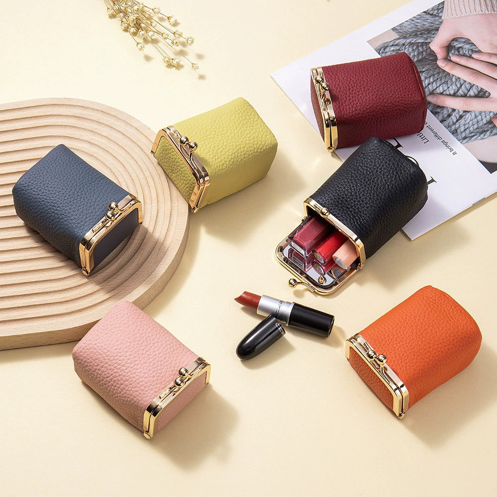 Premium Leather Lipstick Case - Lychee Pattern Cosmetic Storage Bag with Gold Frame Closure