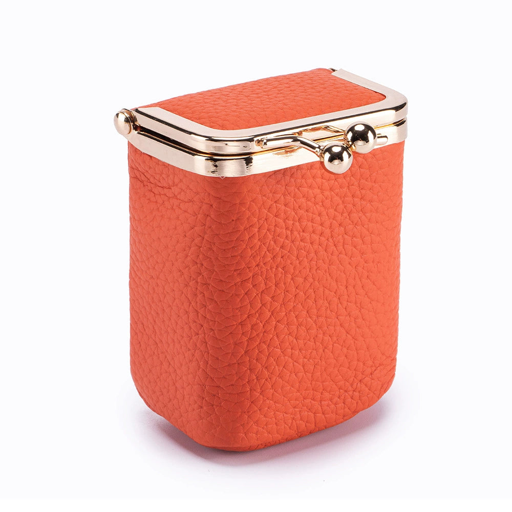 Premium Leather Lipstick Case - Lychee Pattern Cosmetic Storage Bag with Gold Frame Closure