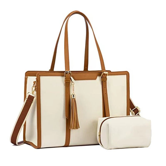 Cream & Tan Leather Trim Laptop Tote — Women's Shoulder Bag with Clutch