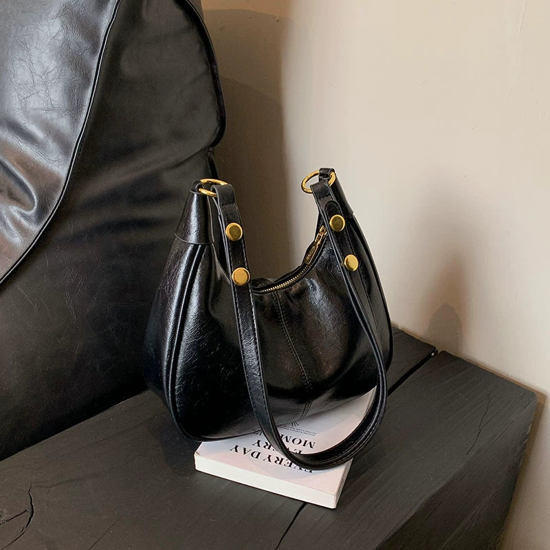 Leather Hobo Shoulder Bag - Women's Versatile Underarm Dumpling Bag with Gold Hardware & Zipper Closure