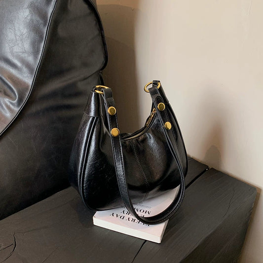 Leather Hobo Shoulder Bag - Women's Versatile Underarm Dumpling Bag with Gold Hardware & Zipper Closure