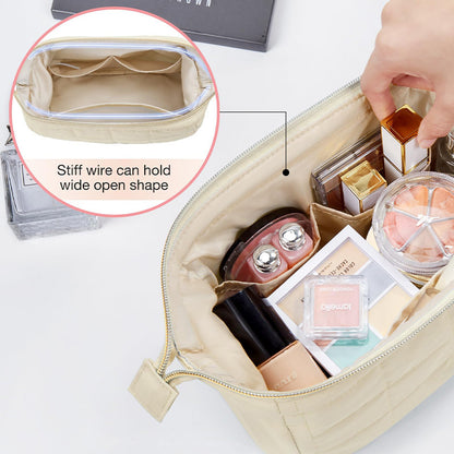 Quilted Makeup Bag - Puffy Padded Travel Cosmetic Organizer with Gold Zipper & Wide-Open Design