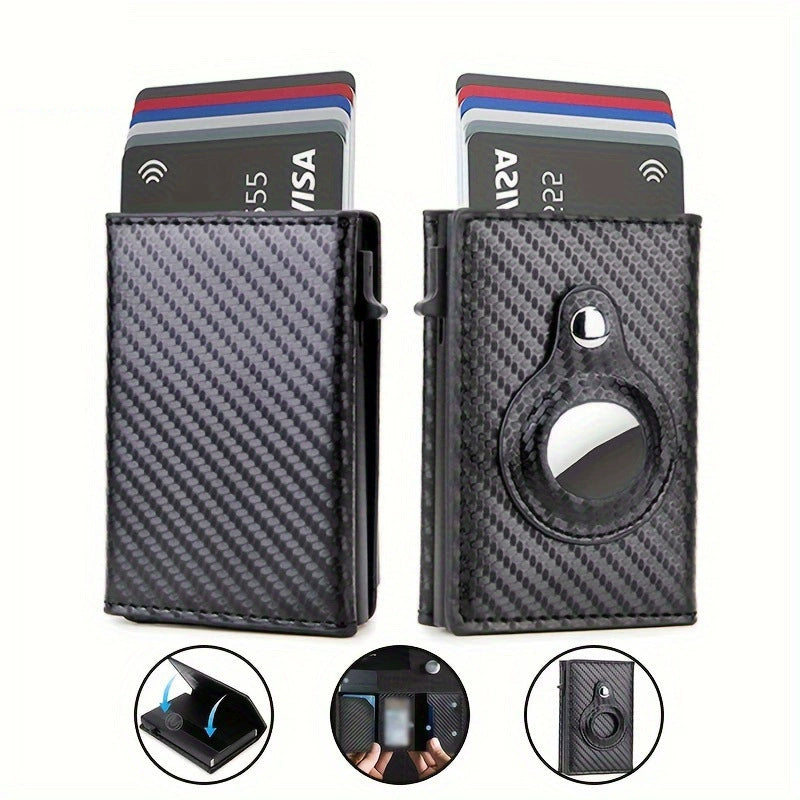 Carbon Fiber Smart Wallet with AirTag Holder - RFID Blocking Men's Minimalist Card Holder with Pop-Up Mechanism