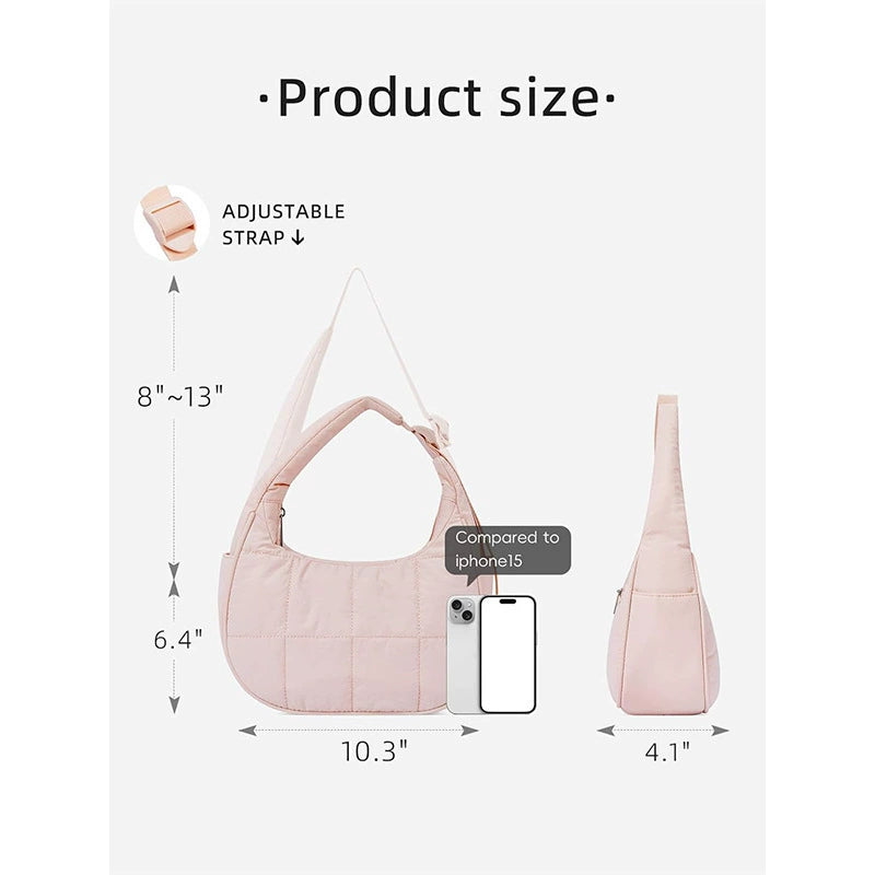 Quilted Puffer Crescent Shoulder Bag - Waterproof Nylon Hobo Bag with Adjustable Strap & Side Pocket