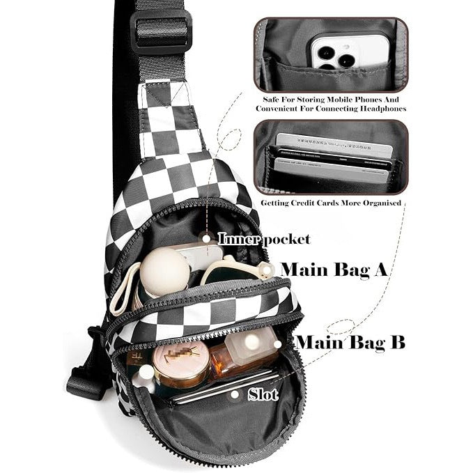 Checkered Sling Bag - Aesthetic Crossbody Chest Pack Water-Resistant Nylon Travel Bag