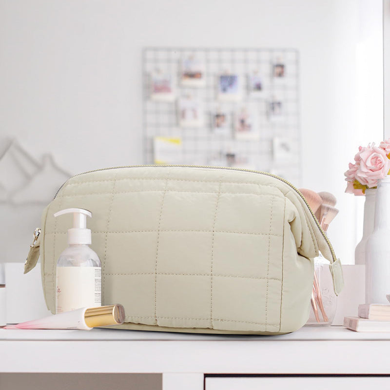 Quilted Makeup Bag - Puffy Padded Travel Cosmetic Organizer with Gold Zipper & Wide-Open Design