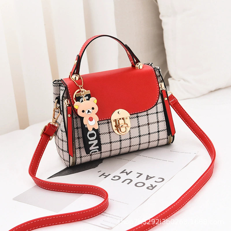 Plaid Small Crossbody Bag - Cute Bear Charm Fashion Handbag with Adjustable Strap for Daily Use