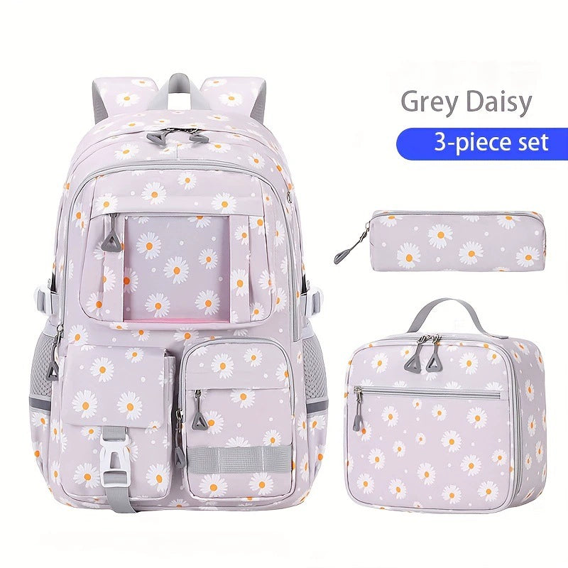 School Backpack Set - Waterproof Strawberry Print 3-Piece Set with Lunch Bag & Pencil Case for Students