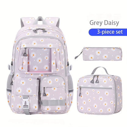 School Backpack Set - Waterproof Strawberry Print 3-Piece Set with Lunch Bag & Pencil Case for Students