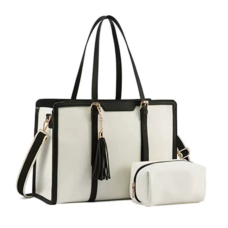 Cream & Tan Leather Trim Laptop Tote — Women's Shoulder Bag with Clutch