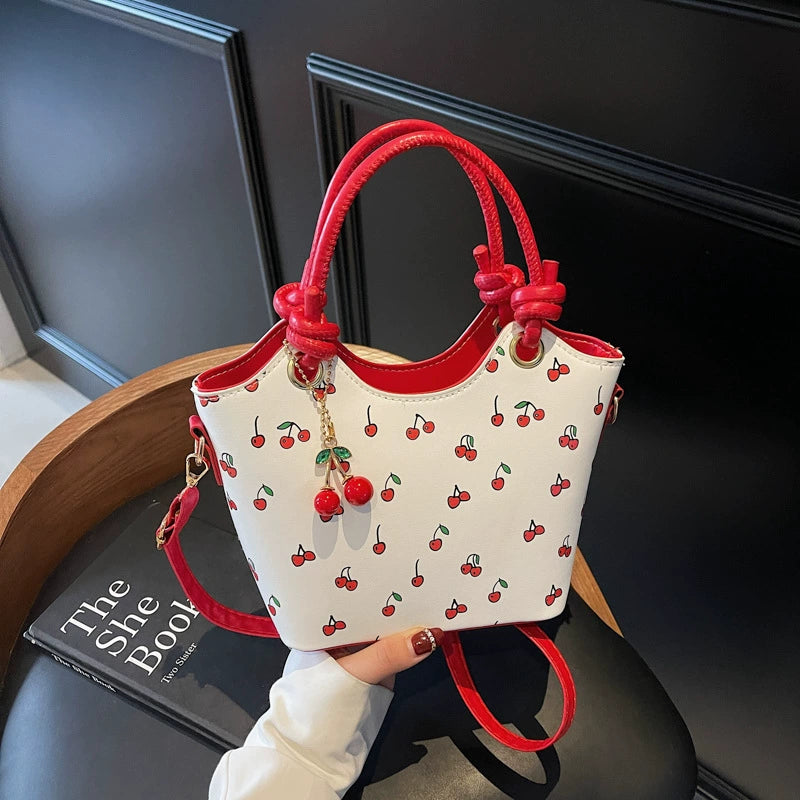 Cherry Pattern Bucket Bag - Women's Handbag with Detachable Cherry Charm & Convertible Shoulder Strap