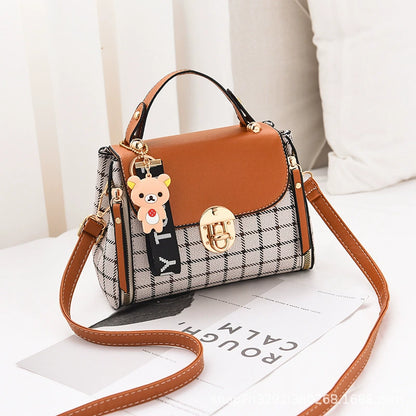 Plaid Small Crossbody Bag - Cute Bear Charm Fashion Handbag with Adjustable Strap for Daily Use