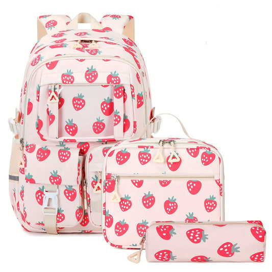 School Backpack Set - Waterproof Strawberry Print 3-Piece Set with Lunch Bag & Pencil Case for Students
