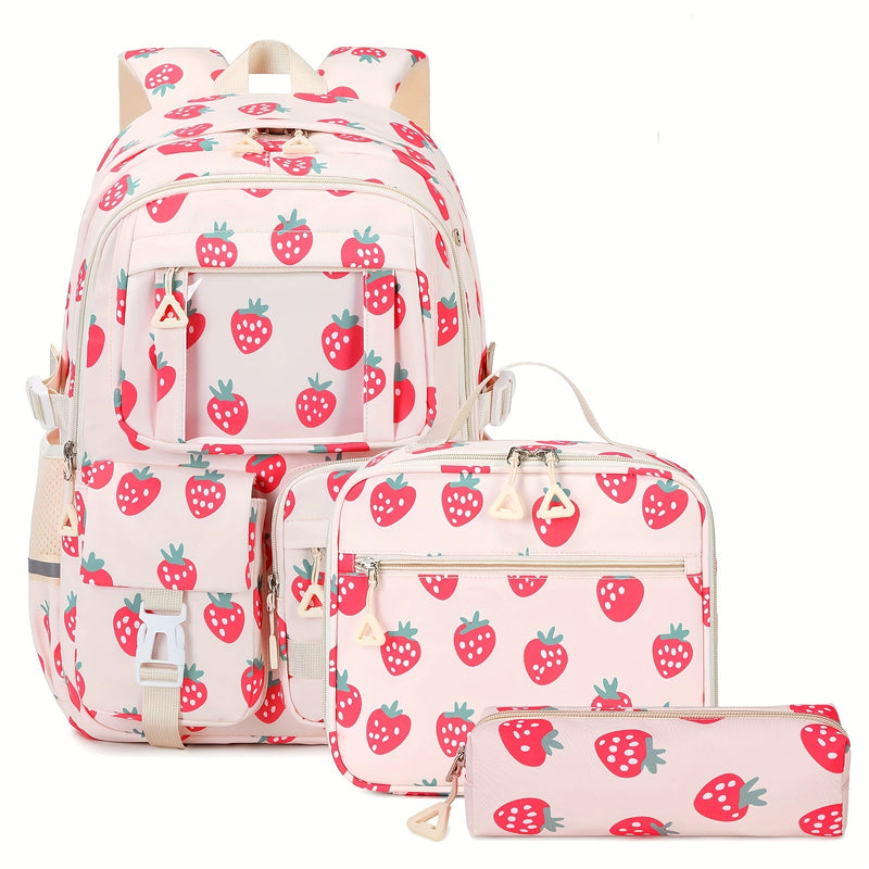 School Backpack Set - Waterproof Strawberry Print 3-Piece Set with Lunch Bag & Pencil Case for Students