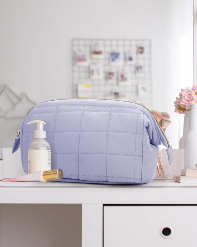 Quilted Makeup Bag - Puffy Padded Travel Cosmetic Organizer with Gold Zipper & Wide-Open Design