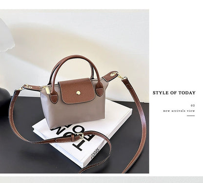 Nylon Crossbody Bag with Brown Leather Trim - Compact Foldable Handbag with Adjustable Strap