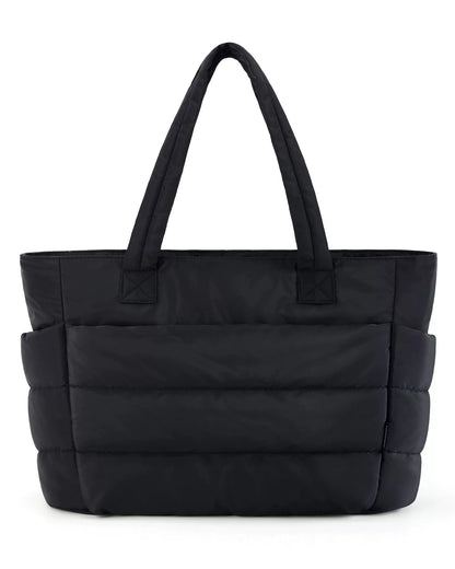 Black Quilted Large Tote Bag — Women's One-Shoulder Travel & Laptop Handbag