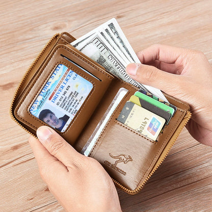 Men's RFID Blocking Wallet - Anti-Theft Leather Bifold with Zipper Closure & Multiple Card Slots