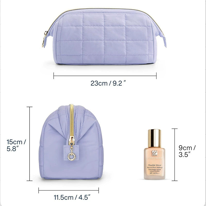 Quilted Makeup Bag - Puffy Padded Travel Cosmetic Organizer with Gold Zipper & Wide-Open Design