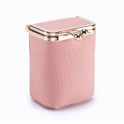Premium Leather Lipstick Case - Lychee Pattern Cosmetic Storage Bag with Gold Frame Closure