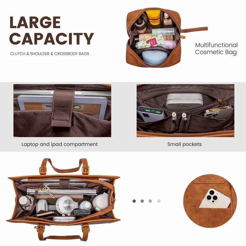 Cream & Tan Leather Trim Laptop Tote — Women's Shoulder Bag with Clutch