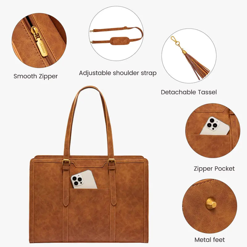 Cream & Tan Leather Trim Laptop Tote — Women's Shoulder Bag with Clutch