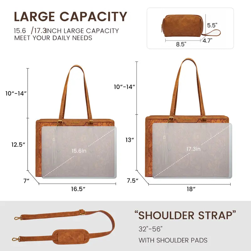 Cream & Tan Leather Trim Laptop Tote — Women's Shoulder Bag with Clutch