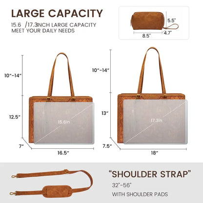 Cream & Tan Leather Trim Laptop Tote — Women's Shoulder Bag with Clutch
