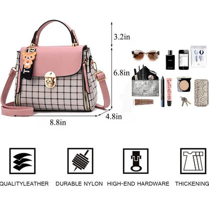Plaid Small Crossbody Bag - Cute Bear Charm Fashion Handbag with Adjustable Strap for Daily Use