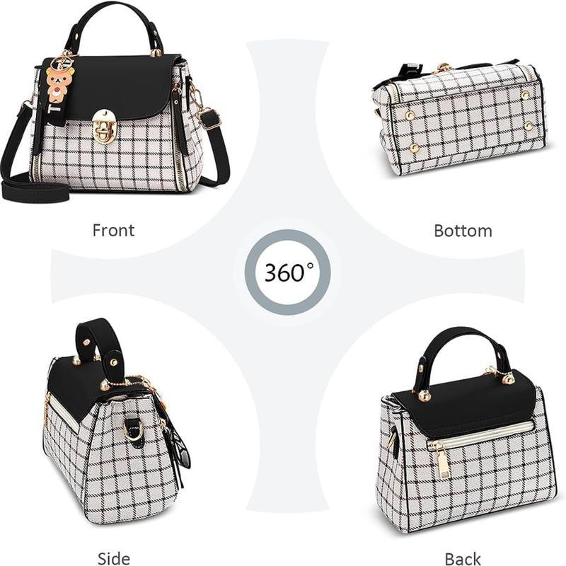 Plaid Small Crossbody Bag - Cute Bear Charm Fashion Handbag with Adjustable Strap for Daily Use